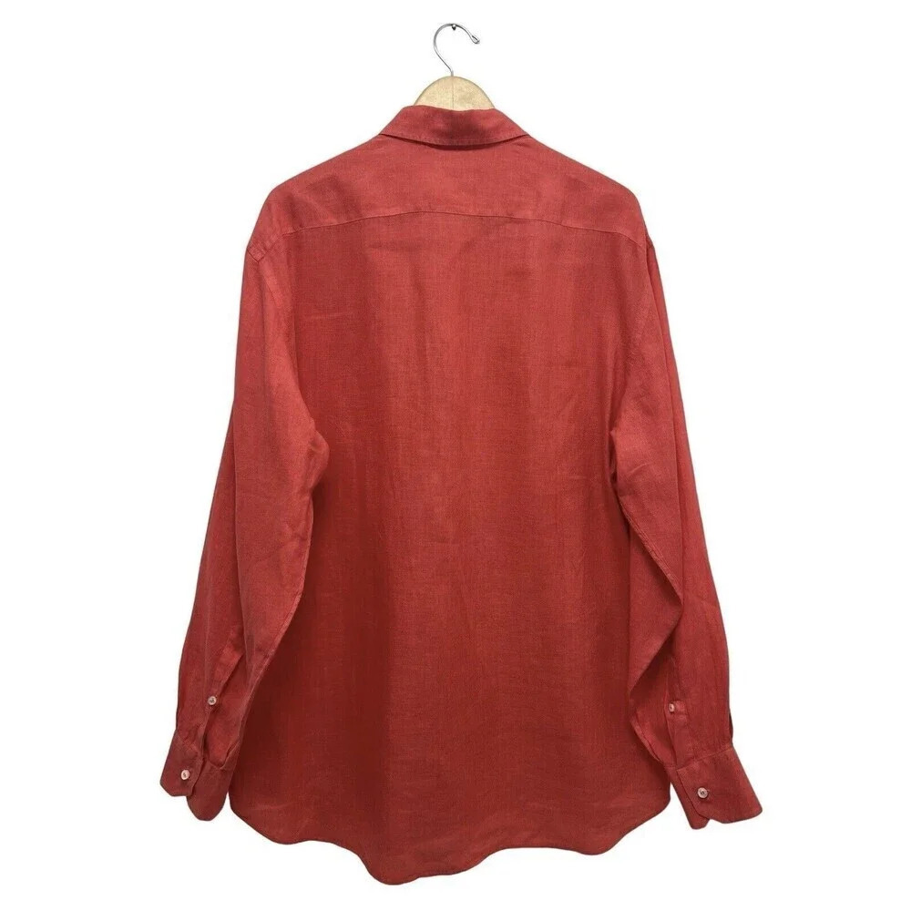 FEDELI Men’s Button Down Linen Shirt Long Sleeve Summer Shirt Coral Size 45 XL - Picture 6 of 11